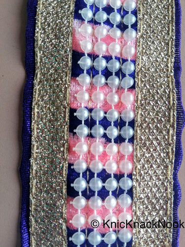 Velvet Fabric Trim, Pink And Silver Trim With FlatBack Beads Lattice, Approx. 50mm wide